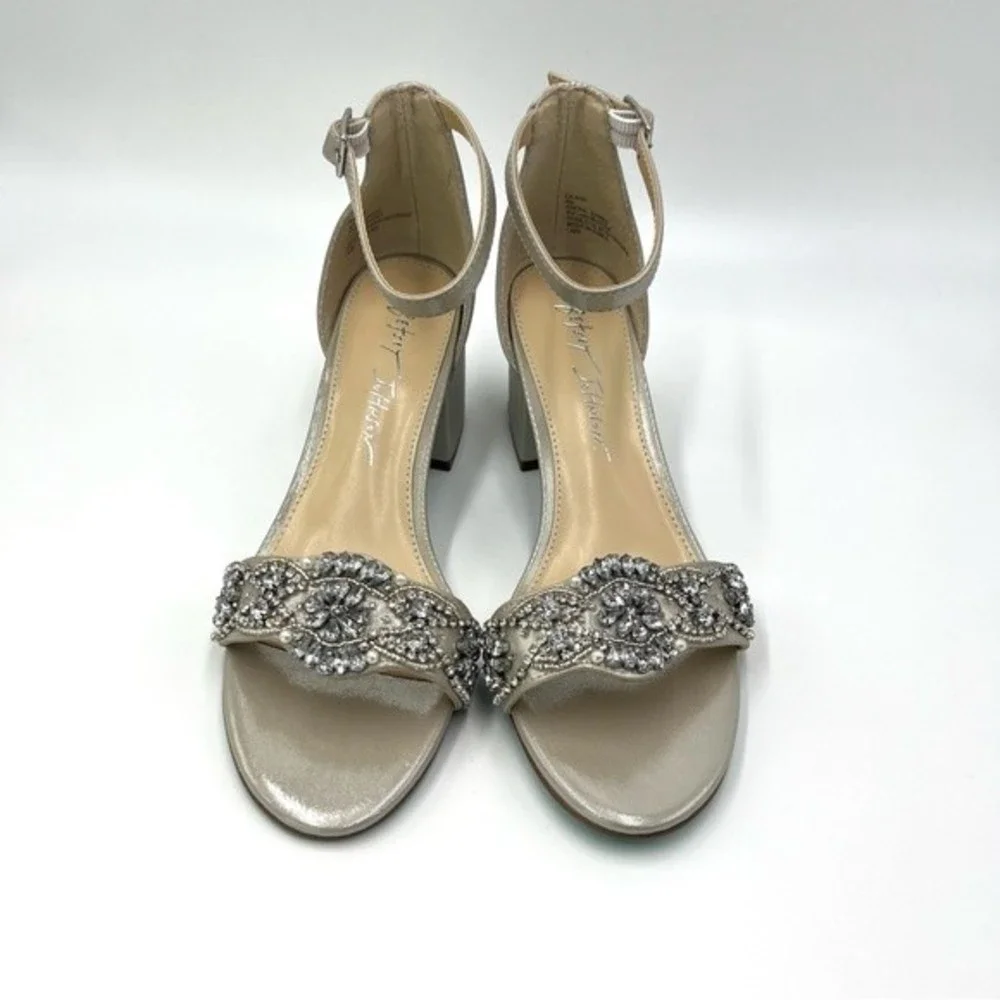 Betsey Johnson Size 6 Mel Silver Jeweled‎ Jewel Block Dress Heels Sandals Shoes